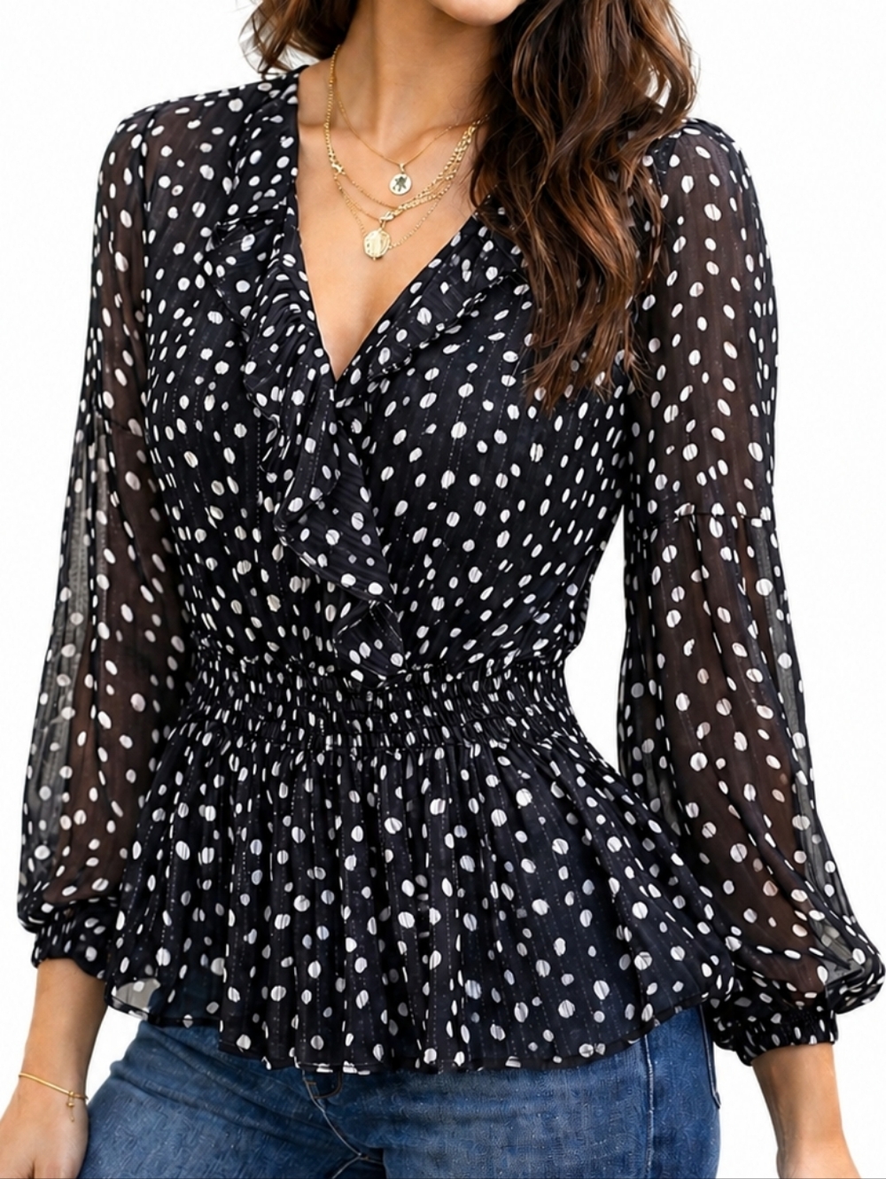 Emaline Blouse Petite Size L Sheer Polka Dot Peplum Ruffle V Neck Smocked Waist